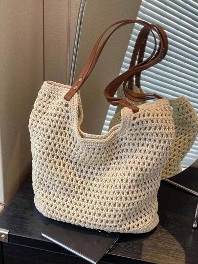 Yogodlns Nuevo bolso tipo tote calado de gran capacidad para mujer, bolso de hombro tejido de paja estilo vintage para viaje y playa, bolsa de compras, mochila escolar. Diseño con compartimento para portátil y correa de equipaje, ideal para adolescentes, universitarias y mujeres, perfecto para el regreso a la escuela, días al aire libre, viajes, vacaciones de verano y uso diario.