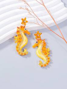 1對女士水鑽油滴動物趣味耳環，海灘度假海馬耳環飾品 - 橘色 - 查看 2