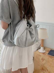 女士蝴蝶结背包，时尚韩国大容量手提包，适合旅行、散步和购物，书包，便携，轻便，商务休闲，适合少女、女大学生、新秀和白领，非常适合返校、大学、中学、高中、工作、商务、通勤 - 銀色 - 查看 5