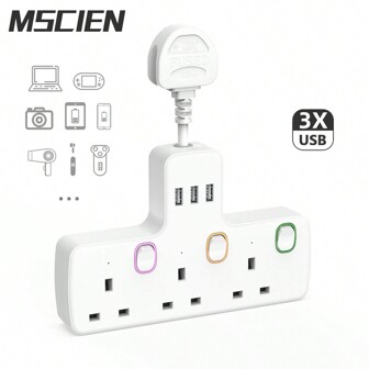 1pc Wall-Mounted Extension Socket With UK Plug, 2CM Power Cord Length, 3 USB Ports, Colored Rings And Independent Switch Design, Surge Protection, Suitable For Home And Office Use.