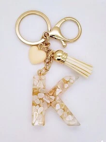 1pc Women's Beige Resin Keychain With Droplet Letter, Heart & Tassel Design, Creative Keyring Bag Charm, Gift For Friends Valentine's Day Valentines Car Accessories Backpack For School Cute Goth Y2k