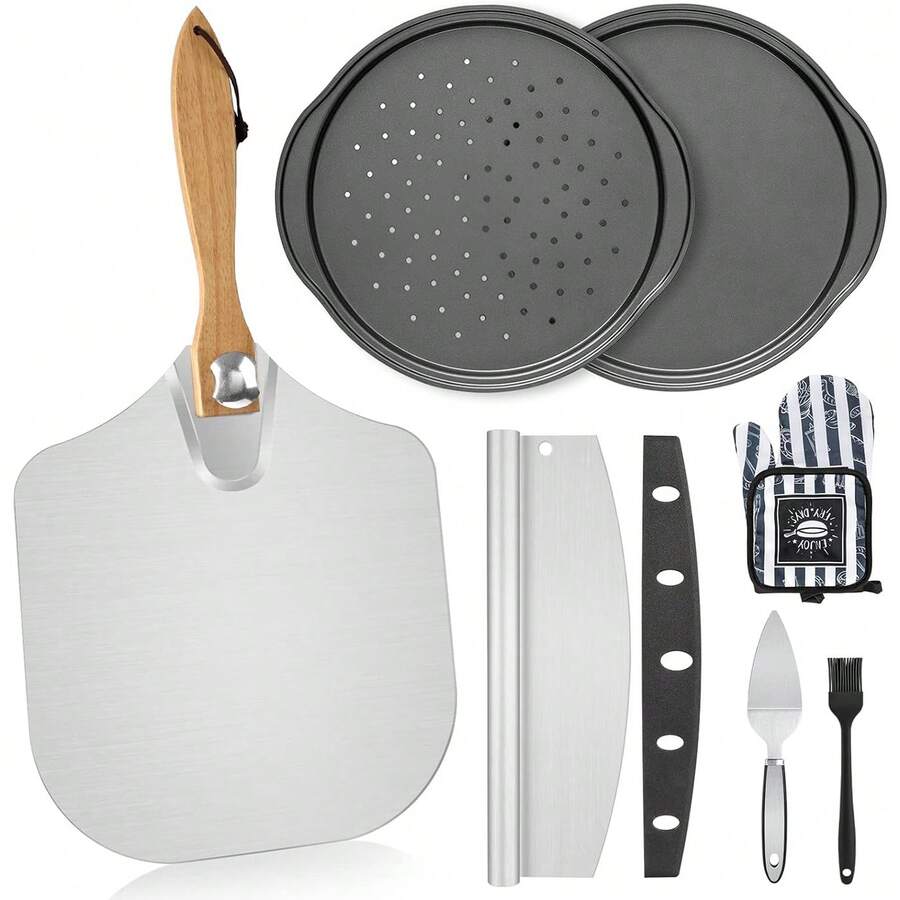 7 Pcs Foldable Pizza Peel Pizza Pan Set,12" X 14" Aluminum Metal Pizza Paddle With Wooden Handle, Rocker Cutter, Server Set, Baking Oven Mitts, Oil Brushes, Homemade Pizza Oven Accessories - Silver - View 1