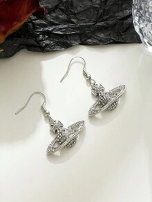 1 par de aretes colgantes plateados con el planeta Saturno y piedras de diamante de imitación, aptos para uso diario - pendientes de saturno - Ver 12