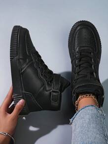 女士户外春秋新款时尚百搭凉爽舒适轻便透气薄款防滑耐穿纯色平底高帮运动鞋休闲运动鞋黑色 - 黑色 - 查看 2