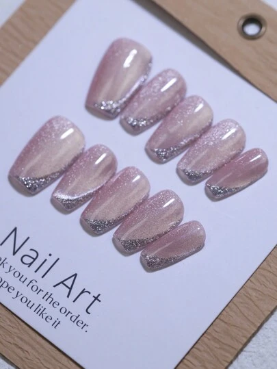 粉色貓眼含閃銀線10入手工短棺材形假指甲，100%純手工製作，派對和日常使用的可重複使用假指甲貼紙，適用於指甲美術設計及補給