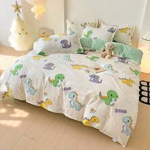 3 件套，卡通恐龙印花鼹鼠皮床上用品套装，采用超柔软芦荟韩式田园风格，包括 1 个被套和 2 个枕套，多种尺寸可选，无填充物 - 米色 - 查看 5
