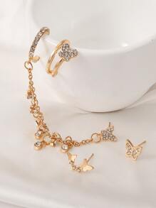 4 piezas Pendientes de tachuela vintage de aleación con mariposa con cadena con diamante de imitación - Amarillo Oro - Ver 3