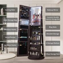 LVSOMT 360° Swivel Mirror Jewellery Cabinet, LED Full Length Mirror With Storage, Lockable Jewellery Armoire, Standing Mirror With Storage For Living Room Bedroom, White / Wood - Redwood - View 4