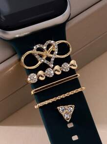 5入組時尚奢華矽膠手環心形扣飾鑽石裝飾鋅合金手表扣，適用於42/44/45mm手表表帶（不含表帶）