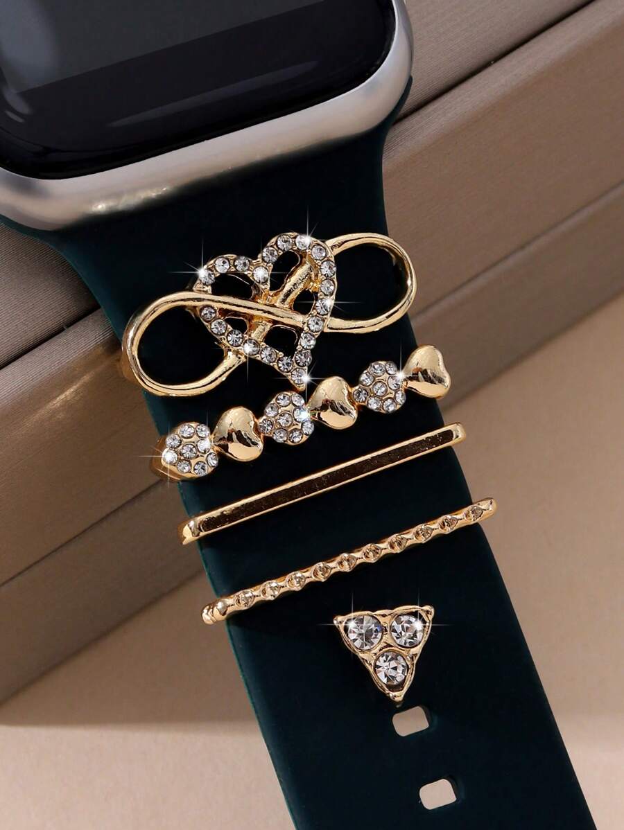 5入組時尚奢華矽膠手環心形扣飾鑽石裝飾鋅合金手表扣，適用於42/44/45mm手表表帶（不含表帶）