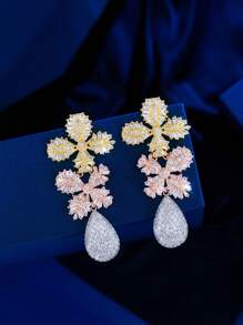 1 paar Multi 3-tone vergulde glanzende kubieke zirkonia grote luxe dikke lange bungelende waterdruppelbloem oorbellen voor vrouwen, statement bruiloft feest bruidssieraden