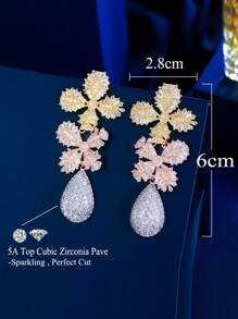 1 paar Multi 3-tone vergulde glanzende kubieke zirkonia grote luxe dikke lange bungelende waterdruppelbloem oorbellen voor vrouwen, statement bruiloft feest bruidssieraden