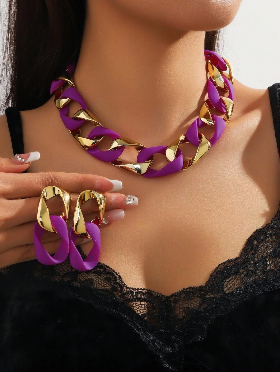 3pcs/Set Resin Link Chain Twisted Design Jewelry Set For Women, Elegant And Chic Style - Purple - View 1
