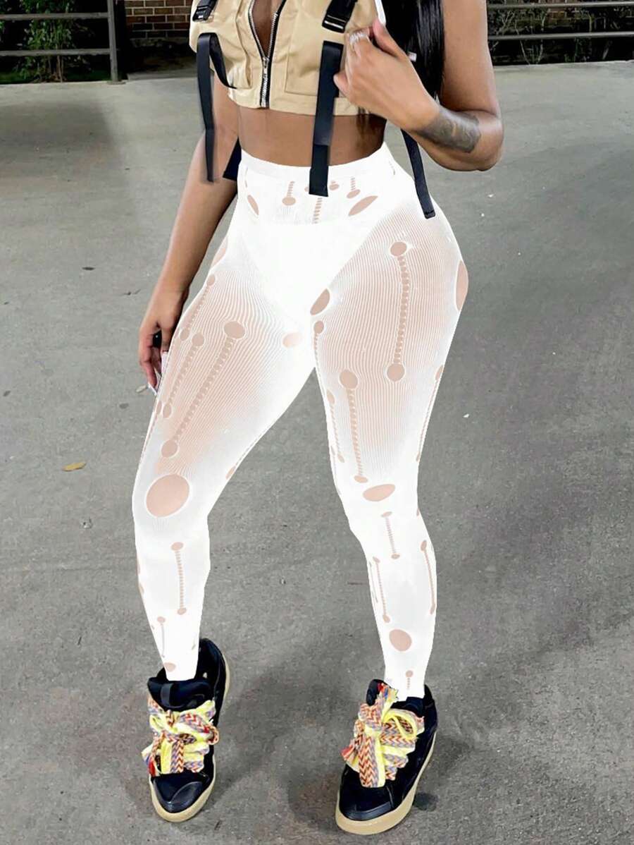 1pc Women's White Hollow Out Fishnet Stockings, Gothic Sexy High-Waisted Full-Footed Sheer Mesh Pantyhose With Distressed Holes - White - View 1