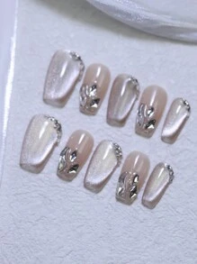 100% Pure Handmade Press On Nails Nude Color And High Glossy Cat's Eye Short Coffin Shaped 10pcs Nail Tips Reusable Manual Nails With Shiny Rhinestones Glitter Nail Charms Decoration Fake Nails For Party And Bride Nail Supplies