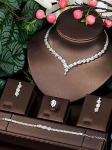 1 Set de joyería romántica con cubo de circonia y decoración de hojas, perfecto para el aniversario de la mujer