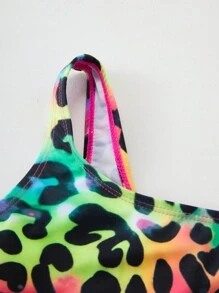 年轻女孩彩虹豹纹不对称领口可爱蝴蝶结比基尼套装夏季海滩 - 紅色 - 查看 9