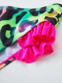 年轻女孩彩虹豹纹不对称领口可爱蝴蝶结比基尼套装夏季海滩 - 紅色 - 查看 7