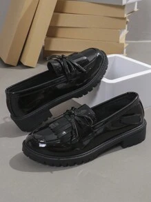 Vintage Style New 2025 Comfortable Fashion Elegant Chunky Heel Bowknot Slip-On Loafer Shoes, Round Toe Leather Flat Mary Jane Shoes With Fringes & Patent Finish - Black - View 5