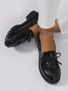 Vintage Style New 2025 Comfortable Fashion Elegant Chunky Heel Bowknot Slip-On Loafer Shoes, Round Toe Leather Flat Mary Jane Shoes With Fringes & Patent Finish - Black - View 4