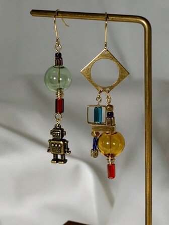 1 Pair Retro Industrial Style Robots Hollow Glass Ball Asymmetric Drop Earrings For Women Daily Wear Gift For Her