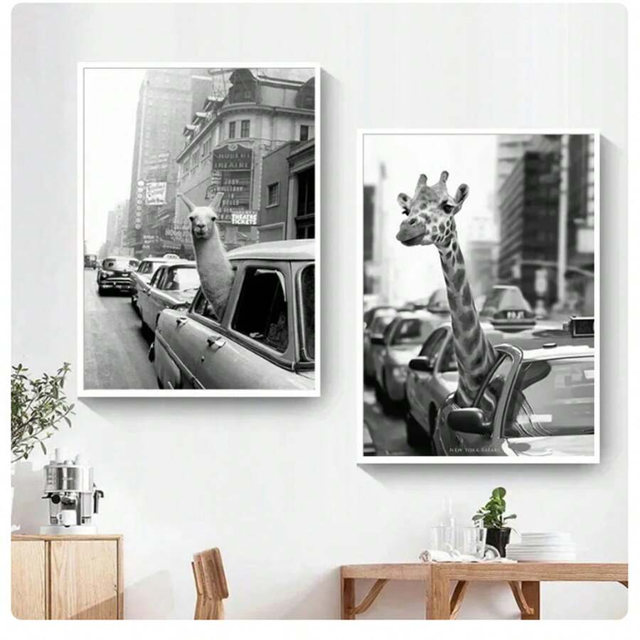 1PC Black And White Travel Landcape Posters Alpaca Giraffe Canvas Painting Street Photography Pictures Home Decor , No Frame