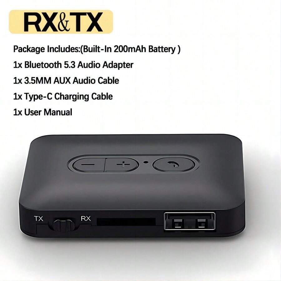 VAORLO 新款藍牙音頻接收器和發射器，藍牙5.4高保真立體聲無損音樂無線音頻適配器，內置高清麥克風，支持U盤/TF卡音樂播放器適用於車載套件揚聲器放大器耳機電視PC - 黑色 - 查看 1