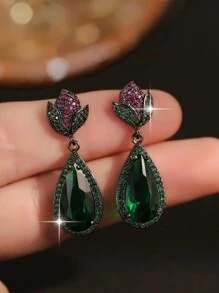 jealous young 1 对奢华花朵水滴 CZ 女士婚礼耳环搭配绿黑色方晶锆石派对耳环珠宝情人节 - 墨綠色 - 查看 2