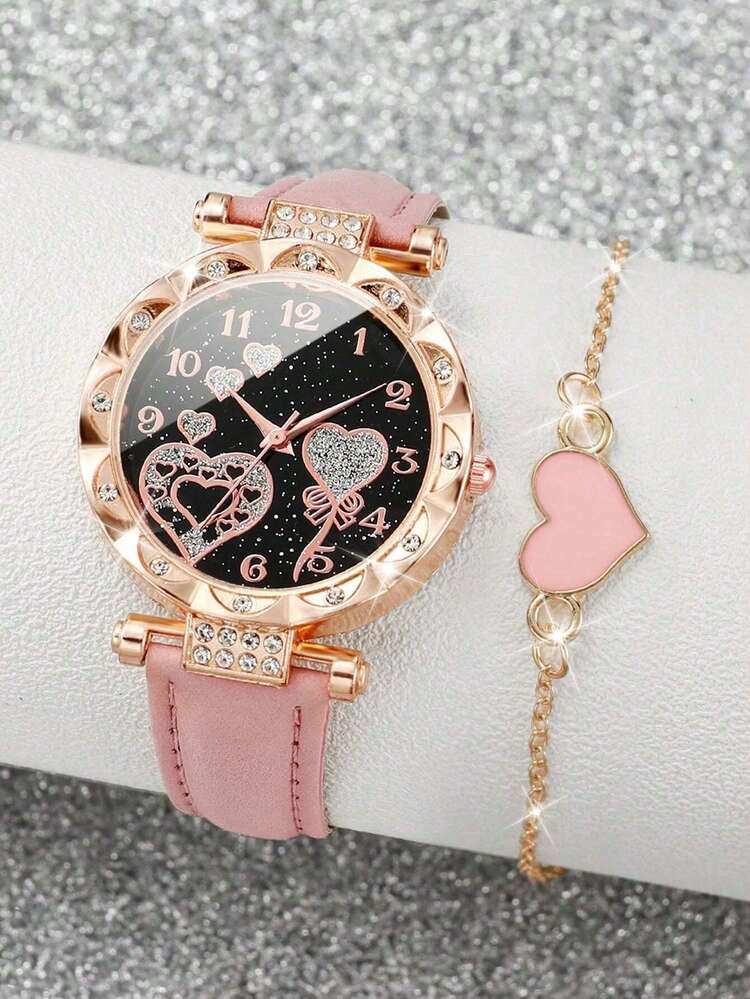 Minimalist Round Disk Leather Quartz Watch And Heart Bracelet For Girl - Pink - View 2