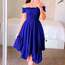 Plain Summer Dress With Ruffle - Blue - View 2