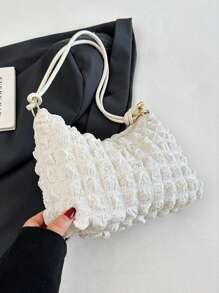 甜美風格女士泡泡摺褶肩袋，日常多用途單色腋下袋，小型手機錢包晚宴手提袋，戶外旅遊度假購物袋，學生及白領工作者日常休閒通勤公文包 - 白色 - 查看 6