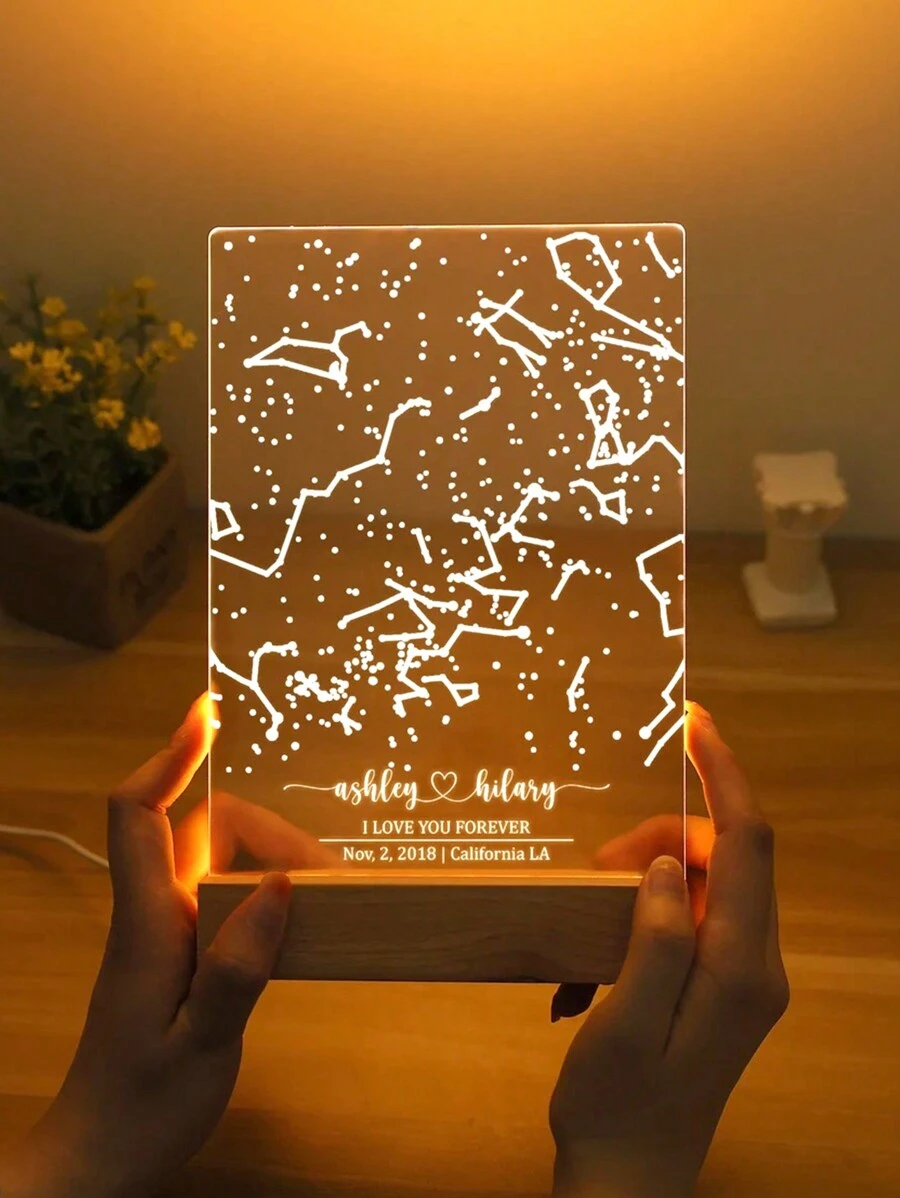 1个定制星空图案3D LED夜灯，亚克力材质，可定制文字，情侣相框，浪漫礼物，卧室灯，生日礼物，周年纪念礼物，独特结婚礼物，送给妻子/她/女朋友/朋友的礼物，送给他/男朋友/丈夫的礼物 - 黃色 - 查看 1