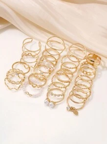 83-24pcs Fashionable Exquisite Retro Heart Shaped Faux Pearl & Cubic Zirconia Blingbling Wave Chain Rhinestone Hollowed-Out Ring Necklace Earrings Bracelet Stud Set With Multiple Elements Jewelry Collection For Holiday, Party, Date, Daily, Gift (No Box) Valentines,Mom,Mother,Mother's Day,Gift