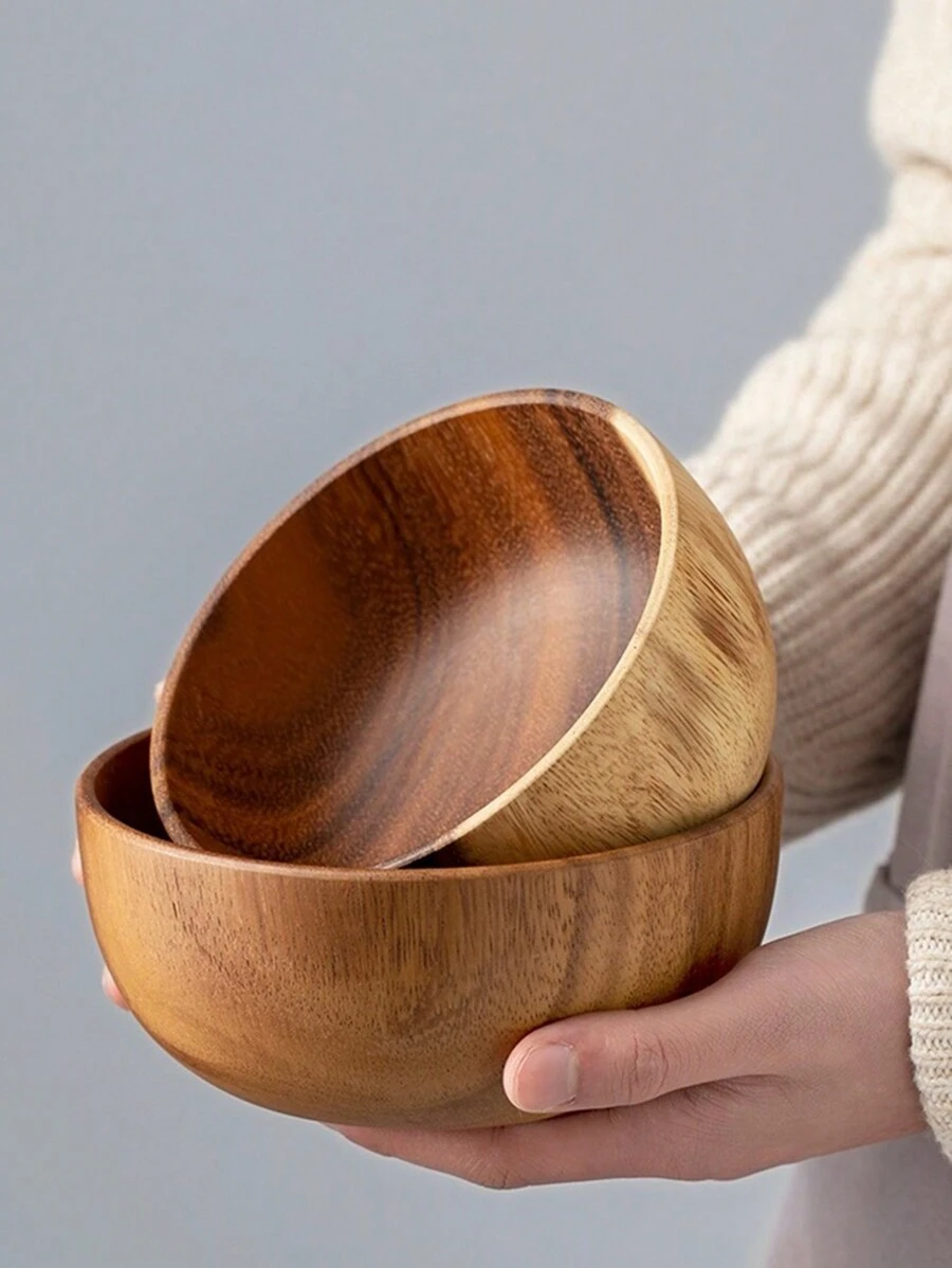 1pc Solid Wood Multi-Use Acacia Wood Salad Bowl, Whole Wood Craft, Creative Wooden Rice Bowl, Circular Wooden Bowl, Japanese-Style Minimalist Wood Grain Large Capacity Soup/Noodle Bowl For Home, Salad, Table, Noodles, Desserts ,Kitchen,Christmas Gift