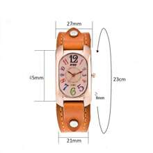 Women's Vintage Oval Shaped Quartz Watch Colorful Numerals Dial Light Brown Leather Strap Wristwatch