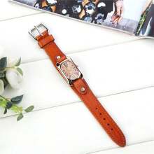 Women's Vintage Oval Shaped Quartz Watch Colorful Numerals Dial Light Brown Leather Strap Wristwatch