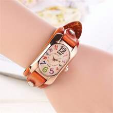 Women's Vintage Oval Shaped Quartz Watch Colorful Numerals Dial Light Brown Leather Strap Wristwatch