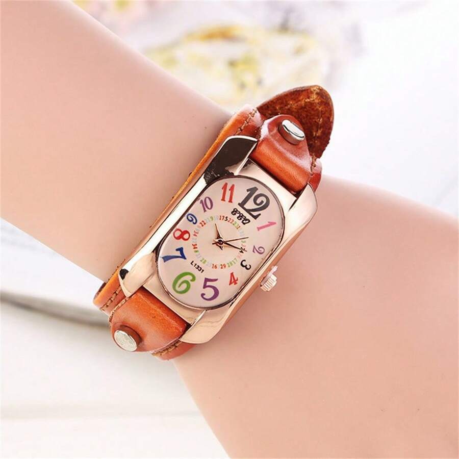 Women's Vintage Oval Shaped Quartz Watch Colorful Numerals Dial Light Brown Leather Strap Wristwatch