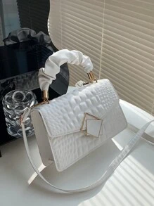 Fashionable Solid Color Women's Cloud-Shaped Pleated Handbag With Metallic Hardware Decoration, Versatile Flip-Over Shoulder Or Crossbody Bag For Casual Or Work - White - View 2