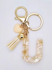 1pc Women's Beige Resin Keychain With Droplet Letter, Heart & Tassel Design, Creative Keyring Bag Charm, Gift For Friends Valentine's Day Valentines Car Accessories Backpack For School Cute Goth Y2k