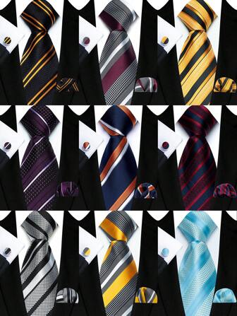 3 件/套男士涤纶多色条纹领带，带口袋巾和袖扣，适合商务、宴会、婚礼工作男士领带