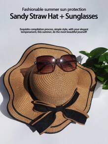 1pc Fashionable Bowknot Women's Sun Hat With Gradient Sunglasses, Ideal For Beach Vacation. Includes Wave Edge Ladies' Sun Hat With Wide Brim And Sunglasses (Random Shipment Of Glasses).