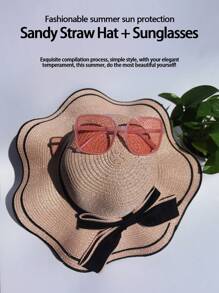 1pc Fashionable Bowknot Women's Sun Hat With Gradient Sunglasses, Ideal For Beach Vacation. Includes Wave Edge Ladies' Sun Hat With Wide Brim And Sunglasses (Random Shipment Of Glasses).