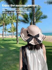 1pc Fashionable Bowknot Women's Sun Hat With Gradient Sunglasses, Ideal For Beach Vacation. Includes Wave Edge Ladies' Sun Hat With Wide Brim And Sunglasses (Random Shipment Of Glasses).