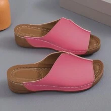 Women's Solid Color Backless Rubber Sole Slides With Microfiber Leather Upper, Summer Wedge Sandals - Pink - View 8