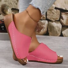 Women's Solid Color Backless Rubber Sole Slides With Microfiber Leather Upper, Summer Wedge Sandals - Pink - View 2