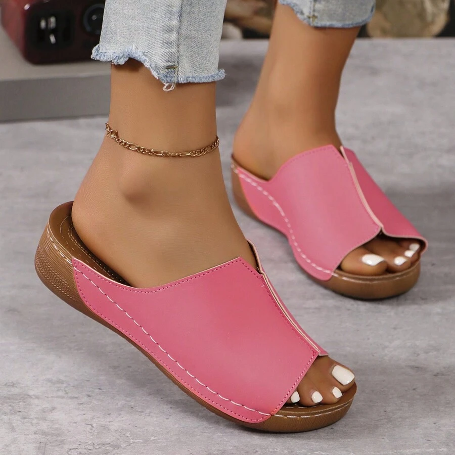 Women's Solid Color Backless Rubber Sole Slides With Microfiber Leather Upper, Summer Wedge Sandals - Pink - View 1