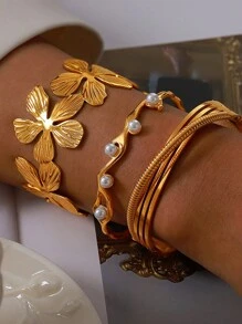 1 件 18K 镀金不锈钢奢华花朵串珠手链情人节 - 金黃色 - 查看 2