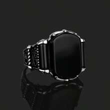 1pc Vintage & Personalized Silver Alloy Ring With Artificial Gemstone Decoration, Suitable For Men's Daily Punk Style - Black - View 1