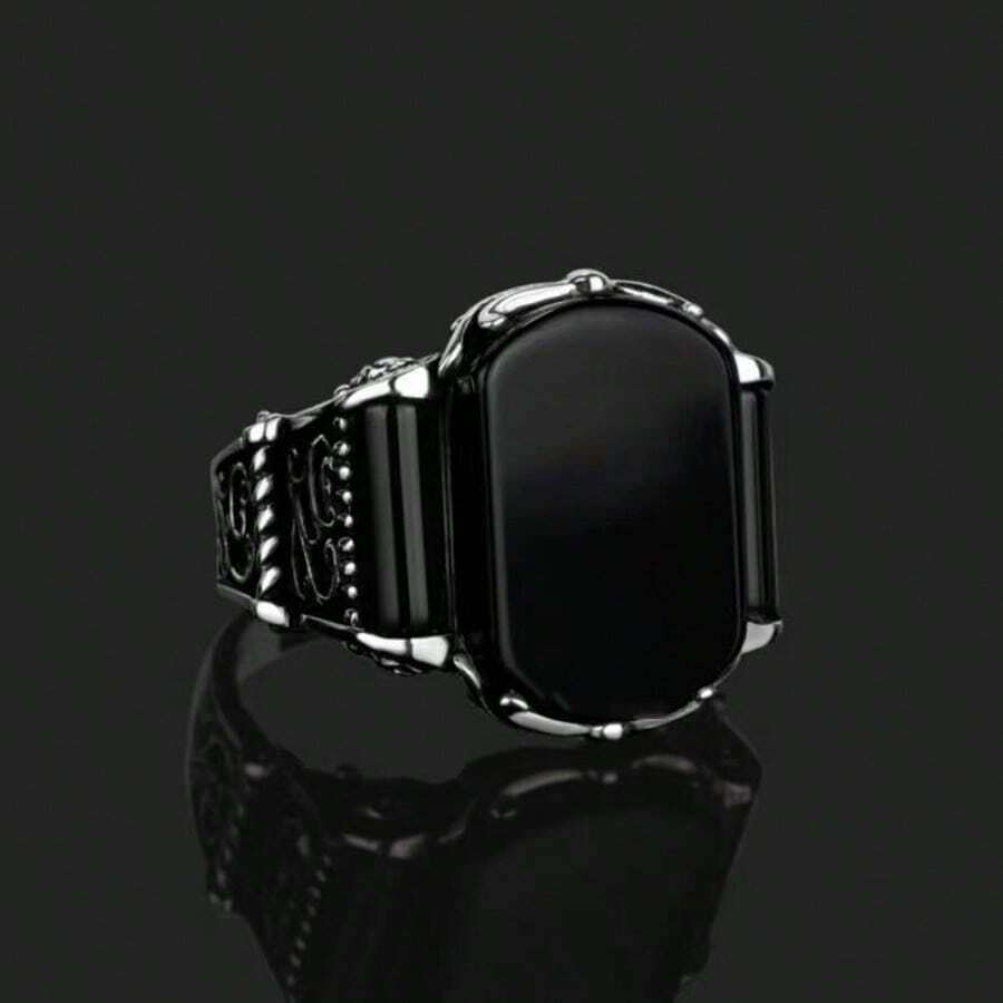 1pc Vintage & Personalized Silver Alloy Ring With Artificial Gemstone Decoration, Suitable For Men's Daily Punk Style - Black - View 1